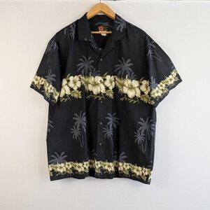 Vintage 1990s Hawaiian Shirt Black Palm Floral Print Men's XL Cotton Aloha Shirt